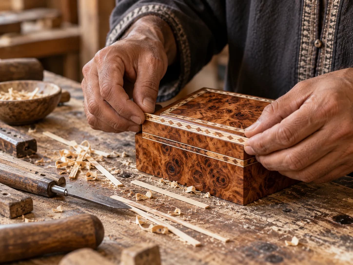 Artisan hands fitting inlay into a Thuya wood box