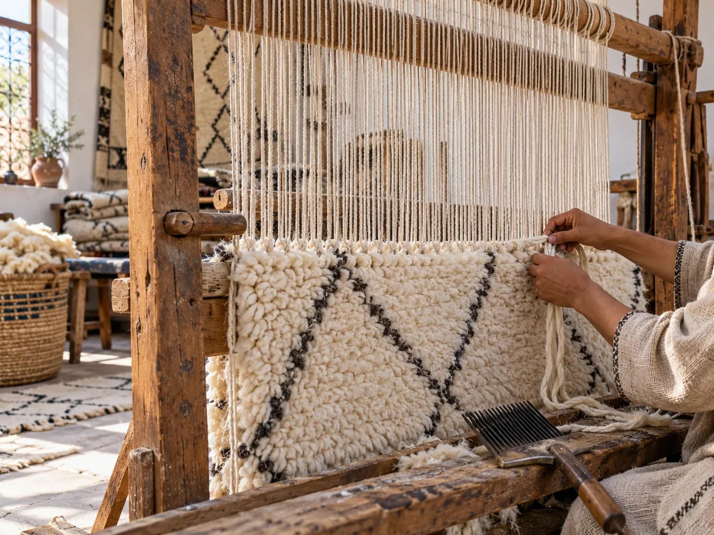 Traditional upright Moroccan vertical weaving loom