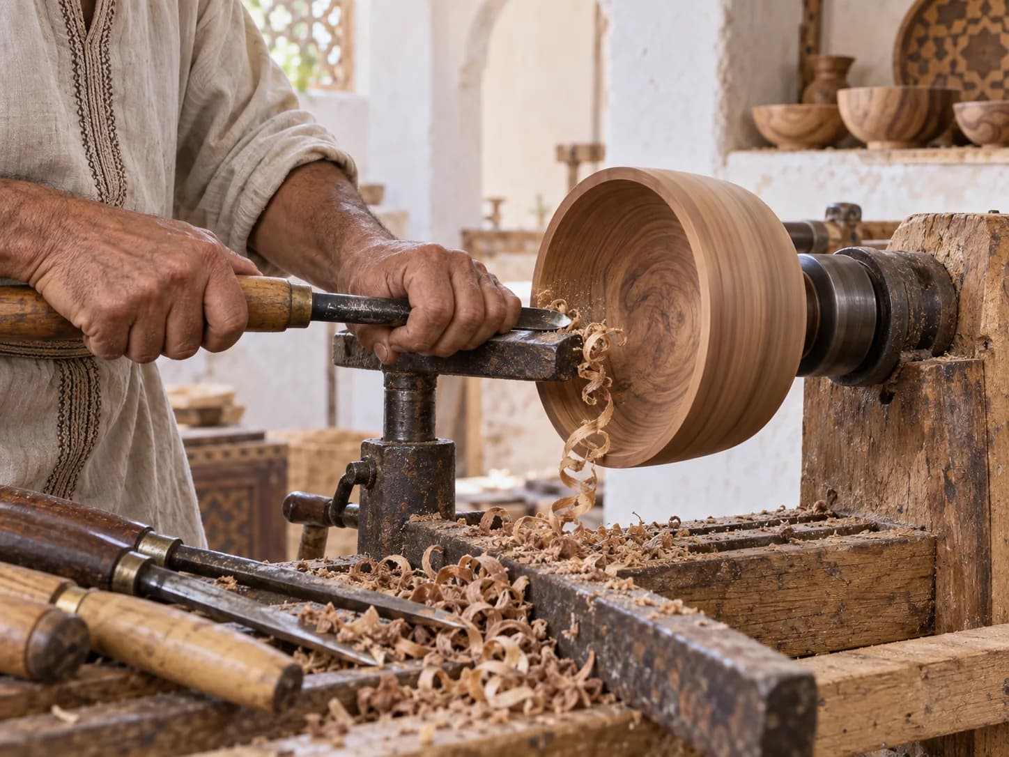 Artisan turning a Moroccan walnut bowl on a lathe